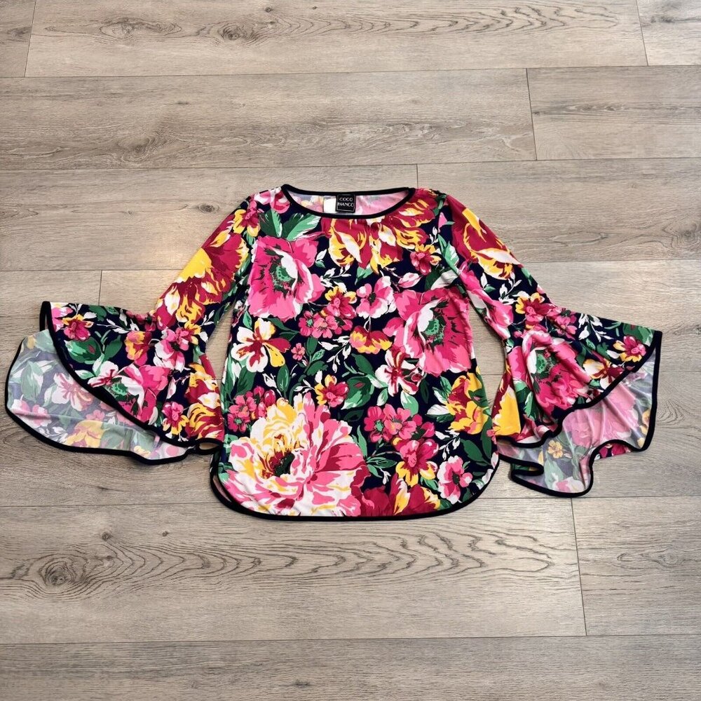 Coco Bianco Top Small S Womens Boho Hippie Bell Sleeve Ruffle Colorful Pink